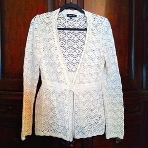 Dalia Women's Ivory One Button Tie Waist Crochet Scalloped V-Neckline Cardigan S